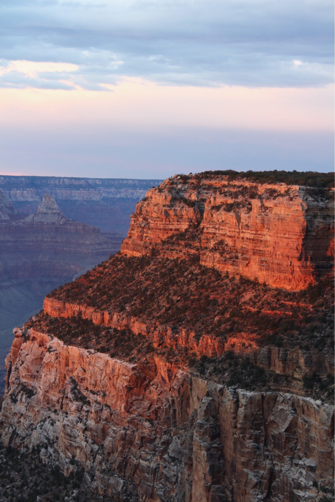 Canyon cliffs lit pink and orange at sunset